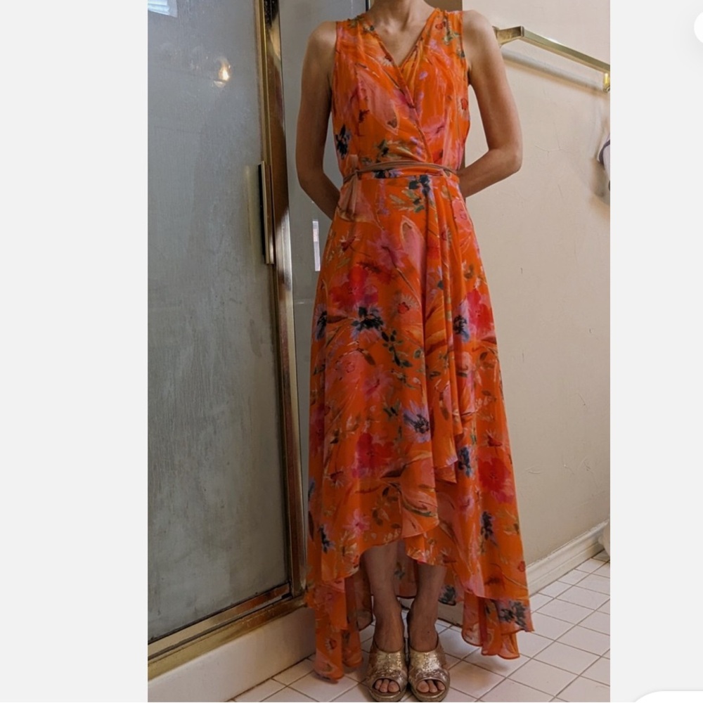 Calvin Klein Floral Orange Sleeveless High Low Maxi Dress - Picture 2 of 10
